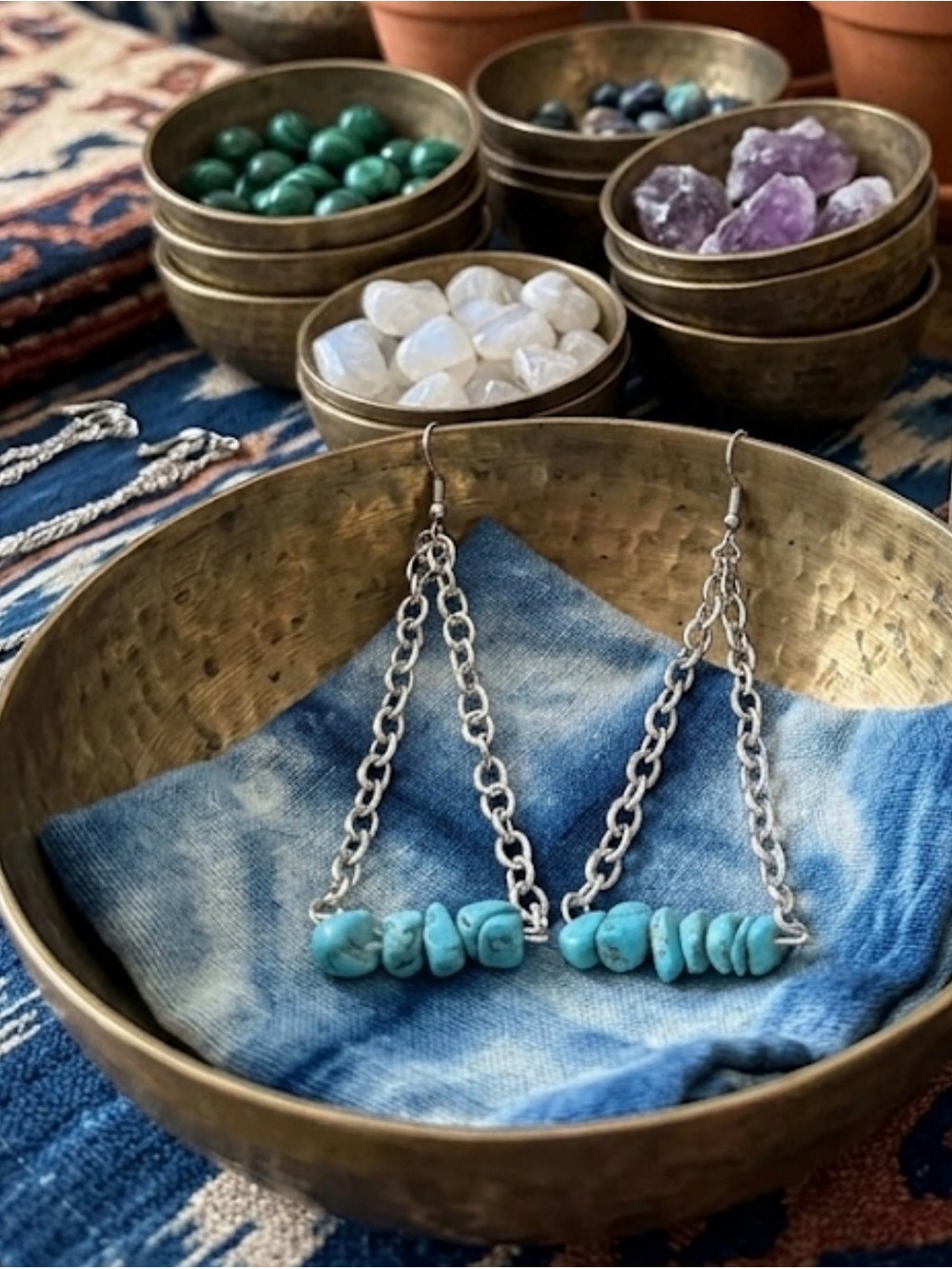 Turquoise Chip Drop Earrings - Chain